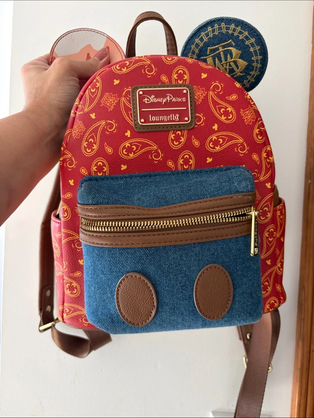 Loungefly Red Paisley Kids Mini Backpack with Denim Front Pocket